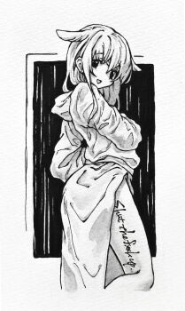 1girl animal_ears body_writing dog_ears english_text greyscale highres ikeda_ruriko long_hair looking_at_viewer monochrome original profanity robe solo traditional_media white_robe window
