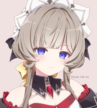 1girl black_bow black_collar blue_eyes blush bonnet bow brown_background brown_hair closed_mouth collar commentary detached_collar detached_sleeves frilled_sleeves frills gem genshin_impact hair_bow highres long_hair looking_at_viewer portrait red_gem sandrone_(genshin_impact) simple_background solo sweet_miuk_tea twitter_username yellow_bow