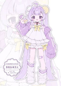 1girl ahoge artist_name bandaid bandaid_on_knee bandaid_on_leg bare_shoulders blush bow bowtie can commentary commission dress drop_shadow food-themed_hair_ornament frilled_dress frills full_body hair_intakes hair_ornament hand_up highres holding holding_can jacket lemon_hair_ornament long_hair long_sleeves looking_at_viewer loose_socks no_shoes off_shoulder open_clothes open_jacket open_mouth original outline purple_eyes purple_hair purple_jacket ribbed_socks simple_background sleeveless sleeveless_dress socks solo standing tongue tongue_out twintails upa_papa_co v-shaped_eyebrows very_long_hair watermark white_background white_dress white_outline white_socks yellow_bow yellow_bowtie zoom_layer