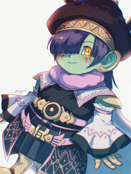 1boy amayu_(amaamailust) armor black_robe blunt_bangs cape closed_mouth colored_skin commentary_request detached_sleeves doltam dragon_quest dragon_quest_x dwarf_(dq10) earrings facial_mark floating_cape gold_earrings gold_trim greaves green_skin hair_over_one_eye hat highres huge_ears jewelry looking_to_the_side male_focus medium_hair pink_trim purple_hair robe signature smirk solo white_background white_cape wide_sleeves yellow_eyes