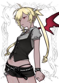 1girl belt belt_charm blonde_hair bone_hair_ornament bracelet charm_(object) collared_shirt commentary cowboy_shot cross cross_necklace dark-skinned_female dark_skin demon_wings ear_piercing fang hair_ornament hanbee_(leehanbee) highres jewelry looking_ahead midriff navel necklace open_mouth original panty_straps piercing pointy_ears red_eyes rosary shirt short_hair short_shorts short_sleeves shorts skull_hair_ornament solo studded_belt studded_bracelet symbol-only_commentary thumb_ring twintails very_short_hair vest wings