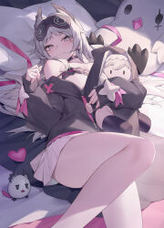 Rule 34 | 1girl, absurdres, alternate costume, arknights, bare shoulders, bird, black choker, black shirt, character doll, choker, closed mouth, commentary request, darling0221, doll, feet out of frame, grey eyes, grey hair, head wings, heart, highres, holding, holding doll, irene (arknights), knee up, light smile, long hair, long sleeves, looking at viewer, lying, mask, mask on head, off shoulder, on back, on bed, pillow, pink ribbon, ribbon, scar, scar across eye, secretary settings (arknights), shirt, skirt, sleep mask, solo, specter (arknights), stuffed animal, stuffed bird, stuffed toy, white skirt, wings