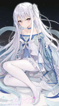 Rule 34 | + +, 1girl, absurdres, bare shoulders, blue choker, blush, choker, closed mouth, collarbone, commentary request, dress, earrings, full body, glass slipper, gloves, grey hair, hair ribbon, high heels, highres, jewelry, long hair, long sleeves, looking at viewer, off-shoulder dress, off shoulder, original, pantyhose, pu ht, red eyes, ribbon, shoes, sitting, solo, white dress, white gloves, white pantyhose, white ribbon, white shoes, wide sleeves