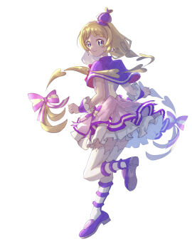 Rule 34 | 1girl, blonde hair, blue eyes, bow, bow earrings, braid, bright pupils, capelet, chest bow, clenched hands, closed mouth, commentary, cure friendy, dot nose, dress, dress bow, earrings, frilled wrist cuffs, frills, from behind, full body, hairband, hat, hat ornament, heart, heart hat ornament, highres, inukai iroha, jewelry, layered dress, leg up, long hair, looking at viewer, looking back, low-tied long hair, low twin braids, magical girl, mini hat, multicolored bow, pact holder, petticoat, pink bow, pouch, precure, purple capelet, purple dress, purple hairband, purple hat, purple shoes, purple wrist cuffs, shoe soles, shoes, short dress, simple background, sleeveless, sleeveless dress, smile, solo, striped bow, thighhighs, tilted headwear, twin braids, very long hair, white background, white thighhighs, wonderful pact, wonderful precure!, wonderful tanaka, wrist cuffs, yellow pupils, zettai ryouiki