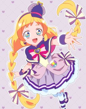 1girl :d absurdres argyle_background arm_up blonde_hair blue_eyes bow bow_earrings braid bright_pupils brooch capelet chest_bow commentary crossed_ankles cure_friendy deerstalker dotted_background dress dress_bow earrings floating_hair foot_out_of_frame frilled_wrist_cuffs frills hair_bow hat hat_ornament heart heart_background heart_hat_ornament highres inukai_iroha jewelry layered_dress long_hair looking_at_viewer low-tied_long_hair low_twin_braids magical_girl multicolored_bow open_hand open_mouth outline outstretched_hand pact_holder petticoat pink_bow pouch precure purple_background purple_bow purple_capelet purple_dress purple_hat purple_shoes purple_wrist_cuffs shinonome_sakura shoes short_dress sleeveless sleeveless_dress smile solo spread_fingers striped_bow thighhighs tilted_headwear twin_braids very_long_hair white_outline white_thighhighs wonderful_pact wonderful_precure! wrist_cuffs yellow_pupils zettai_ryouiki