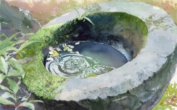 aris_0827 commentary_request day highres moss no_humans original outdoors overgrown painting_(medium) plant ripples scenery traditional_media water watercolor_(medium)
