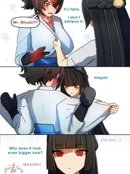 2girls absurdres angry animal_ears black_hair blank_stare blush breast_envy breasts commentary dorahdew english_commentary fox_ears fox_girl gloves highres hoshimi_miyabi large_breasts long_hair looking_at_breasts meme multicolored_hair multiple_girls ponytail red_eyes red_hair simple_background white_background zenless_zone_zero zhu_yuan