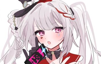 1girl :o bow bowtie braid butterfly-shaped_pupils choker commentary_request diamond_(shape) diamond_facial_mark facial_mark gloves hat heart heart_facial_mark highres holding holding_phone honkai:_star_rail honkai_(series) light_blush ooo00_cha phone pink_eyes red_streaks side_braid sparkle_(honkai:_star_rail) sparxie_(honkai:_star_rail) symbol-shaped_pupils twintails white_background white_hair