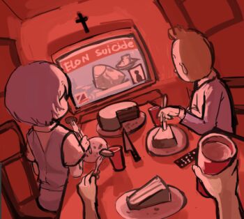 1boy 1girl ayanami_rei blue_hair cake cake_slice controller cross crucifix dinner elon_musk flat_screen_tv food from_behind implied_suicide japanese_crested_ibis_(kemono_friends) neon_genesis_evangelion nvi2762 remote_control short_hair television tintin tintin_(character) watching_television