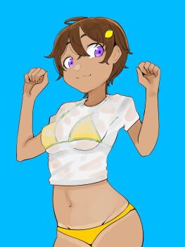 Rule 34 | 1girl, bikini, blue background, breasts, commentary, food-themed hair ornament, hair between eyes, hair ornament, hands up, highres, lemon hair ornament, make heroine ga oo sugiru!, monji (crazy flogman 1), navel, purple eyes, see-through clothes, shirt, short hair, simple background, small breasts, standing, swimsuit, t-shirt, tan, tanline, yakishio lemon, yellow bikini