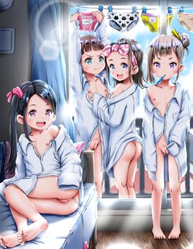 4girls absurdres anal anal_object_insertion ass barefoot blush censored cleft_of_venus fat_mons feet flat_chest higeepon highres huge_filesize indoors loli mosaic_censoring multiple_girls naughty_face nipple_stimulation nipple_tweak nipples no_panties object_insertion panties sex_toy smile standing tagme third-party_edit underwear unworn_panties vibrator
