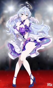 1girl absurdres bare_shoulders blue_dress blue_hair blush breasts cleavage detached_collar dress full_body gloves green_eyes halo head_wings high_heels highres honkai:_star_rail honkai_(series) large_breasts long_hair looking_at_viewer r3dfive robin_(honkai:_star_rail) smile solo two-tone_dress white_dress white_gloves wings