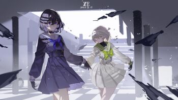 2girls absurdres ahoge artist_logo artist_self-insert bare_legs black_gloves black_hair black_serafuku blue_neckerchief checkered_floor chinese_commentary commentary cowboy_shot crossed_bangs dated debris gloves green_eyes green_neckerchief highres huge_ahoge logo looking_at_viewer medium_hair multiple_girls neckerchief original pillar pleated_skirt purple_eyes ruins school_uniform serafuku skirt undershirt white_hair white_serafuku xe367