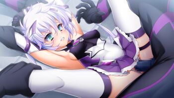 1boy 1girl aqua_eyes armpits arms_up black_gloves blush breasts censored clenched_teeth clothed_sex covered_erect_nipples covered_navel elbow_gloves exs-tia_luna game_cg gloves green_eyes hair_between_eyes hair_ornament hetero holding_another&#039;s_wrist imminent_rape kamitsurugi_ouka kneepits kouyoku_senki_exs-tia_concert large_variant_set leg_grab legs_up leotard long_hair lying magical_girl miniskirt missionary mosaic_censoring multiple_boys non-web_source official_art on_back penis pleated_skirt purple_skirt rape restrained sex shiny_skin sideboob skin_tight skirt small_breasts solo_focus spread_legs sugahara_touka teeth thigh_strap thighhighs torn_clothes twintails underwear vaginal variant_set white_hair white_thighhighs