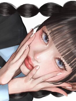 Rule 34 | 1girl, aegyo sal, black hair, black necktie, black skirt, blue eyes, blunt bangs, braid, close-up, closed mouth, collared shirt, commentary, eyelashes, fingernails, hair behind ear, hands on own cheeks, hands on own face, highres, k-pop, lipstick, long hair, long sleeves, looking at viewer, makeup, mimitanu25, mole, mole under eye, necktie, portrait, real life, red lips, rei (ive), shirt, sideways, simple background, skirt, solo, twin braids, twintails, white background, white nails, wispy bangs