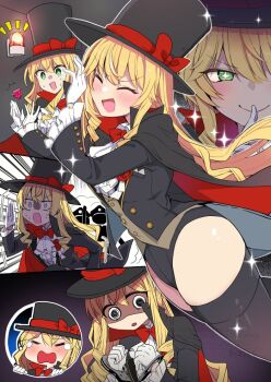 1girl black_boots black_cloak black_hat black_jacket black_leotard blonde_hair boots bow bowtie cloak closed_eyes closed_mouth commentary_request commission fuurin_kingyou gloves green_eyes grey_vest hat jacket leotard leotard_under_clothes long_hair multicolored_cloak multiple_views open_mouth original phantom_thief phantom_thief_(kkmomo67) red_bow red_bowtie red_cloak shirt skeb_commission solo thigh_boots thighhighs thighs top_hat two-sided_cloak two-sided_fabric two-tone_cloak vest white_gloves white_shirt