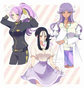 3girls black_hair black_jacket black_track_suit blush breasts brown_eyes closed_mouth coat collarbone cosplay dark-skinned_female dark_skin dendra_(pokemon) dendra_(pokemon)_(cosplay) dress earrings eyelashes fingerless_gloves flower_earrings gloves green_eyes highres jacket jewelry lab_coat lipstick long_hair long_sleeves looking_at_viewer makeup miriam_(pokemon) miriam_(pokemon)_(cosplay) multicolored_hair multiple_girls nintendo off-shoulder_sweater off_shoulder ohn_pkmn open_clothes open_coat pencil_skirt pink_hair pokemon pokemon_sv ponytail purple_hair purple_lips school_nurse shirt skirt smile streaked_hair striped_clothes striped_skirt sweater swept_bangs track_jacket track_suit tulip_(pokemon) turtleneck turtleneck_jacket white_coat yellow_gloves yellow_sweater