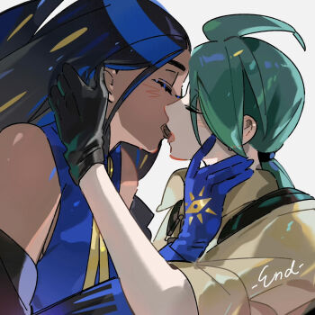 2girls black_gloves black_hair blue_gloves blue_shirt blue_streaks blush chinese_commentary closed_eyes commentary_request dark-skinned_female dark_skin earrings geeta_(pokemon) gloves green_hair grey_shirt highres jewelry long_hair mouth_hold multiple_girls nanaasuzy nintendo pokemon pokemon_sv ponytail rika_(pokemon) shared_food shirt simple_background tongue tongue_out white_background yuri