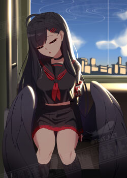 1girl absurdres ahoge black_choker black_gloves black_hair black_serafuku black_socks black_wings blue_archive choker closed_eyes commentary gloves halo highres ichika_(blue_archive) long_hair pleated_skirt school_uniform serafuku sitting skirt sleeping socks solo tost_(cloi123) watermark wings