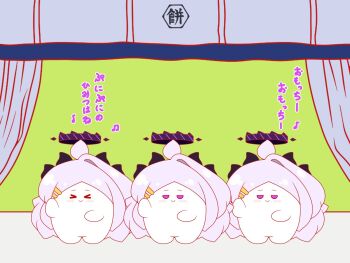 &gt;_&lt; ahoge blue_archive blush chibi closed_eyes closed_mouth curtains dancing eighth_note facing_viewer grey_hair hair_ornament hairclip halo highres hina_(blue_archive) horns kurukurumagical long_hair looking_at_viewer musical_note parody_request purple_eyes single_hair_intake standing translation_request very_long_hair