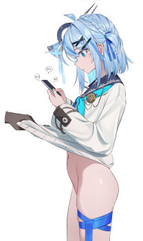 1girl 1other absurdres ahisha_(di_le_to) ahoge blue_eyes blue_hair blue_neckerchief blue_ribbon bottomless cardigan cardigan_lift cellphone closed_mouth clothes_lift collarbone commentary di_le_to expressionless from_side hair_ornament highres holding holding_phone leg_ribbon lifting_another&#039;s_clothes looking_at_phone mole mole_under_eye neckerchief no_pants original phone revision ribbon school_uniform serafuku short_hair simple_background skindentation smartphone solo thigh_ribbon thigh_strap white_background white_cardigan