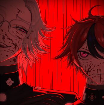 2boys ahoge aotsuki_eito backlighting black_streaks blood blood_on_face commentary_request evil_grin evil_smile eyelashes glasses grey_hair grin highres injury jacket looking_at_another male_focus multicolored_hair multiple_boys nelt nosebleed protected_link red_background red_eyes red_hair short_hair smile streaked_hair sumino_takumi the_hundred_line_-last_defense_academy- two-tone_hair