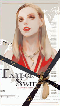 1girl bare_shoulders blonde_hair blue_eyes dress jewelry long_hair mian_lang necklace real_life red_dress red_lips simple_background taylor_swift