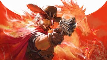 1boy 2girls basstrawberry1 beard brown_gloves brown_hair brown_hat bulletproof_vest cassidy_(overwatch) cloak cowboy cowboy_hat facial_hair flying gloves glowing glowing_eye gun handgun hat highres holding holding_gun holding_weapon horse mercy_(overwatch) multiple_girls overwatch pharah_(overwatch) red_cloak revolver silhouette skull weapon western