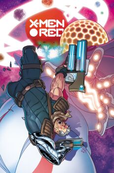 1boy 1other armor bodysuit brown_neckerchief cable_(marvel) character_request comic_cover commentary copyright_logo copyright_name covered_abs covered_pectorals dual_wielding english_commentary fighting giant glowing glowing_eye grey_bodysuit gun hair_slicked_back highres holding holding_gun holding_weapon initial logo marvel matt_wilson mature_male muscular muscular_male neckerchief official_art open_mouth orange_eyes pauldrons pectorals prosthesis prosthetic_arm reaching reaching_towards_viewer russell_dauterman short_hair shoulder_armor size_difference upside-down weapon western_comics_(style) white_hair x-men