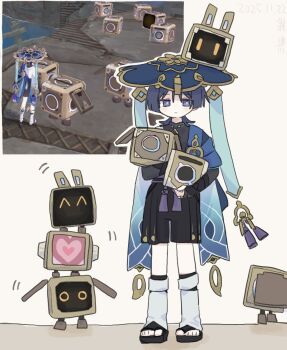 1boy armor black_bodysuit black_sandals black_shorts blue_cape blue_gemstone blue_hat blunt_ends bodysuit bridal_gauntlets cape closed_mouth commentary_request dated eyeliner eyeshadow full_body furisode game_screenshot_inset gem genshin_impact gold gold_ring grey_bridal_gauntlets grey_hair grey_pupils hakama hakama_shorts hat heart holding japanese_armor japanese_clothes jingasa kimono kote kurokote leg_warmers light_blush looking_at_viewer makeup male_focus mandarin_collar middle_ring pleated_shorts prospector_bot_(genshin_impact) purple_eyes red_eyeliner red_eyeshadow robot sandals scaramouche_(genshin_impact) shorts solo standing tassel toeless_legwear umigasa wanderer_(genshin_impact) white_background white_leg_warmers wispy_bangs zouri