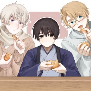 3boys ahoge america_(hetalia) axis_powers_hetalia bandaged_neck bandages blonde_hair blue_eyes blue_haori blue_kimono blunt_ends blush border brown-framed_eyewear brown_eyes brown_hair buttons closed_mouth commentary_request earrings empty_eyes food fruit glasses grey_hair grey_hoodie hair_between_eyes hands_up haori harutoro_39487 highres holding holding_food holding_fruit hood hoodie japan_(hetalia) japanese_clothes jewelry kimono long_sleeves looking_at_viewer male_focus mandarin_orange mandarin_orange_slice multiple_boys open_clothes open_mouth outside_border pink_background pink_sweater puffy_long_sleeves puffy_sleeves purple_eyes russia_(hetalia) scarf semi-rimless_eyewear shirt short_hair simple_background smile sweater table tongue upper_body white_border white_scarf white_shirt wide_sleeves