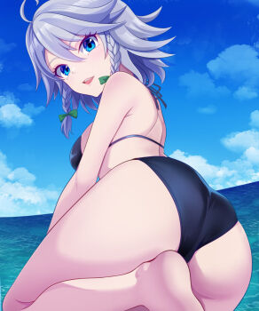 1girl ahoge ass ass_focus bare_legs barefoot bikini blue_eyes blue_sky bow braid breasts cloud commentary_request day duplicate feet grey_hair hair_between_eyes hair_bow hair_ribbon highres horizon izayoi_sakuya kisaragi_koushi looking_at_viewer looking_back medium_breasts medium_hair multiple_hair_bows outdoors pixel-perfect_duplicate ribbon sky soles solo swimsuit touhou tress_ribbon twin_braids twisted_torso water
