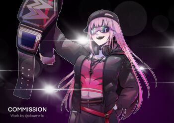 1girl arm_up artist_name baseball_cap belt black_hat black_jacket black_pants breasts championship_belt cloumello commentary commission cowboy_shot english_commentary hat headphones headphones_around_neck highres holding holding_belt hololive hololive_english jacket jewelry long_hair meme midriff mori_calliope mori_calliope_(new_underworld_order) necklace official_alternate_costume open_clothes open_jacket open_mouth pants pink_hair pink_shirt purple_background second-party_source shirt smile solo sunglasses virtual_youtuber watermark wwe yeet_(meme)