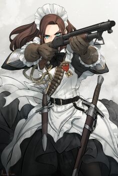 Rule 34 | 1girl, aiming, apron, aqua eyes, asterisk kome, bandolier, belt, brown gloves, brown hair, commentary request, dagger, gina wallace, gloves, gun, heroes of order, highres, holding, holding gun, holding weapon, knife, maid, maid apron, maid headdress, pump action, scabbard, sheath, shotgun, solo, sword, weapon, winchester model 1897