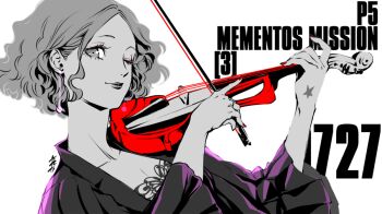 1girl bow_(music) breasts cleavage closed_mouth collarbone commentary copyright_name dress earrings english_text eyeliner holding holding_bow_(music) holding_instrument holding_violin instrument jewelry lips long_sleeves looking_at_viewer makeup medium_hair music official_art okumura_haru one_eye_closed partially_colored persona persona_5 pink_eyeliner playing playing_instrument playing_violin red_nails saitou_rokuro signature solo star_(symbol) violin wide_sleeves