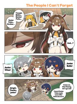 2boys 3girls absurdres animal_ears bare_shoulders belle_(delicate_sunlight)_(zenless_zone_zero) belle_(zenless_zone_zero) blue_hair brown_hair chibi chinese_clothes commentary droopy_ears english_commentary english_text fox_ears fox_girl green_eyes grey_hair hair_between_eyes hair_intakes hair_ornament hairband highres jewelry ju_fufu letter_hair_ornament long_hair multiple_boys multiple_girls official_alternate_costume official_art ooyun open_mouth red_eyes second-party_source short_hair speech_bubble tail white_hairband wise_(soaring_crane)_(zenless_zone_zero) wise_(zenless_zone_zero) ye_shunguang zenless_zone_zero