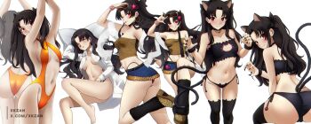 1girl ;p \n/ absurdres animal_ears arm_up armpits arms_up ass barefoot bell belt black_belt black_choker black_hair black_nails black_thighhighs boots bottomless bracelet breasts cat_ears cat_lingerie cat_tail choker crop_top earrings fate/grand_order fate_(series) groin hair_down highleg highleg_one-piece_swimsuit highres hoop_earrings ishtar_(fate) jewelry jingle_bell long_hair looking_at_viewer medium_breasts microskirt multiple_views naked_shirt navel one-piece_swimsuit one_eye_closed orange_one-piece_swimsuit panty_straps pillow red_eyes shirt simple_background skirt sleeping small_breasts stomach swimsuit tail thighhighs thighs tongue tongue_out two_side_up very_long_hair white_background xkzan