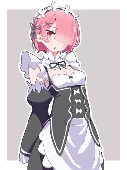 Rule 34 | 1girl, absurdres, blush, breasts, commentary request, hair ornament, hair over one eye, hair ribbon, highres, looking at viewer, maid, maid headdress, noyama takenoko, open mouth, pink hair, ram (re:zero), re:zero kara hajimeru isekai seikatsu, red eyes, ribbon, roswaal mansion maid uniform, small breasts, solo, x hair ornament