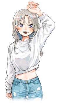 1girl absurdres arm_at_side arm_up cowboy_shot denim grey_hair highres jeans kishikawa_mizuki kuso_onna_ni_sachi_are long_hair long_sleeves looking_at_viewer midriff_peek navel nishikawa_remon open_mouth pants purple_eyes shirt simple_background smile solo teeth transparent_background upper_teeth_only white_shirt