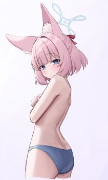 1girl absurdres animal_ear_fluff animal_ears back bare_arms bare_shoulders blue_archive blue_eyes blue_panties blush closed_mouth commentary_request covering_breasts covering_privates fox_ears fox_girl from_behind grey_background grey_halo hair_intakes half_updo halo highres korean_commentary looking_at_viewer niko_(blue_archive) panties pink_hair simple_background solo springrain_06 topless_female underwear upper_body