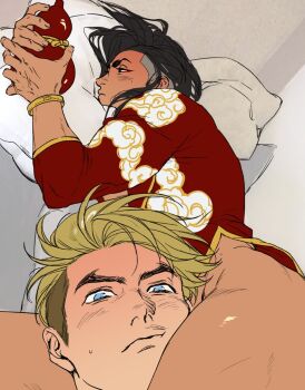 2boys black_hair blonde_hair blue_eyes bottomless bracelet closed_mouth commentary forked_eyebrows gourd grey_hair hair_down highres holding holding_gourd i&#039;m_this_clingy_(meme) jamie_siu jewelry krkrkrbkkkkkkk luke_sullivan lying male_focus meme multicolored_hair multiple_boys on_side pillow street_fighter street_fighter_6 thighs two-tone_hair undercut xiangyun yaoi