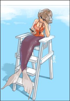 Rule 34 | 1girl, absurdres, blue eyes, bored, breasts, brown hair, cellphone, chair, cleavage, collarbone, fins, fish tail, hair ornament, head on hand, highres, lifeguard, lifeguard chair, medium breasts, mermaid, monster girl, noyemik, one-piece swimsuit, original, phone, red one-piece swimsuit, shell, shell hair ornament, short hair, signature, simple background, solo, swimsuit, tail, whistle