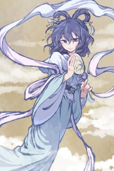 Rule 34 | 1girl, blue dress, blue eyes, blue hair, dress, fog, grass print, hagoromo, hair ornament, hair rings, hair stick, hand fan, highres, holding, holding fan, kaku seiga, looking at viewer, print fan, shawl, smile, solo, touhou, wide sleeves, yh sleeping