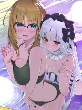 2girls absurdres bare_shoulders bikini black_bikini black_bow black_eyes blonde_hair blue_eyes blush bow braid breasts cleavage collar commentary fate/strange_fake fate_(series) francesca_prelati_(fate) frilled_collar frills glasses grin hair_bow highres innertube large_breasts long_hair looking_at_viewer medium_breasts multiple_girls navel one-piece_swimsuit open_mouth parted_bangs pool ringed_eyes sajou_ayaka_(fate/strange_fake) shafurakafusha short_hair sidelocks smile striped_clothes striped_one-piece_swimsuit swim_ring swimsuit very_long_hair water wavy_mouth white_hair white_one-piece_swimsuit