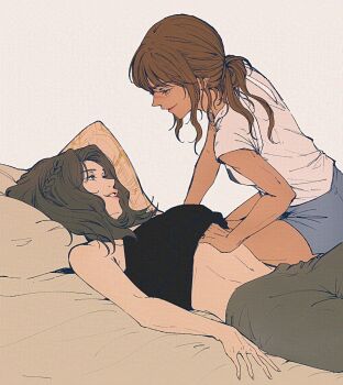 2girls arm_tattoo black_hair black_shirt brown_hair clair_obscur:_expedition_33 clothes_lift commentary_request dark-skinned_female dark_skin highres hoj_duck korean_commentary looking_at_another lune_(clair_obscur:_expedition_33) medium_hair multiple_girls parted_lips scar scar_on_face scar_on_nose sciel_(clair_obscur:_expedition_33) shirt shirt_lift smile tattoo white_shirt yuri