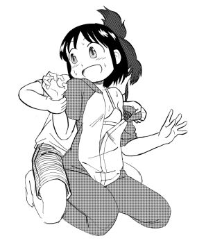 2girls barefoot bra city_(arawi_keiichi) cosplay greyscale izumi_wako kigurumi looking_to_the_side molestation monochrome multiple_girls nagumo_midori official_style open_mouth ponytail restrained shirt short_hair shorts shotlock simple_background sitting sweat underwear undressing_another wariza