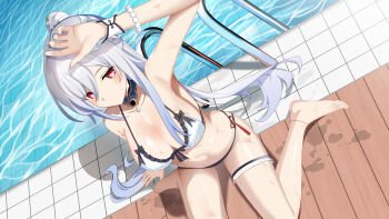 1girl barefoot bikini bracelet breasts cleavage from_above grey_hair highres honkai:_star_rail honkai_(series) jewelry jingliu_(honkai:_star_rail) large_breasts long_hair pearl_bracelet poolside red_eyes shuming sitting solo swimsuit thigh_strap very_long_hair white_bikini