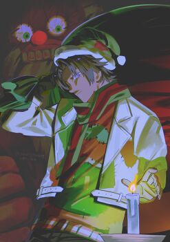 1boy brown_hair candle christmas commentary e.g.o_(project_moon) english_commentary hat heathcliff_(project_moon) highres holding holding_sack holiday_(e.g.o) jacket lapels limbus_company notched_lapels patchwork_clothes project_moon purple_eyes sack sandolph_(project_moon) santa_hat scarf soda0606 solo striped_clothes striped_scarf white_jacket