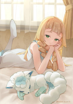 1girl 1other alolan_form alolan_vulpix animal_ears bare_shoulders bed_sheet blonde_hair blunt_bangs blush braid closed_eyes closed_mouth collared_dress curtains dress gen_7_pokemon green_eyes highres lillie_(pokemon) long_hair looking_at_viewer lying multiple_tails nako_(nekono_shippo75) nintendo on_bed on_stomach pokemon pokemon_(creature) pokemon_sm sleeping sleeveless sleeveless_dress smile sundress tail thighhighs twin_braids white_dress white_fur white_thighhighs