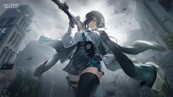 1girl aether_gazer artist_request black_gloves black_hair black_hat black_jacket black_thighhighs blue_necktie building character_request closed_mouth flower gloves hand_on_own_hip hat highres holding holding_rocket_launcher holding_weapon jacket jacket_on_shoulders long_sleeves necktie official_art partially_fingerless_gloves rocket_launcher rpg_(weapon) solo tassel thighhighs weapon white_flower